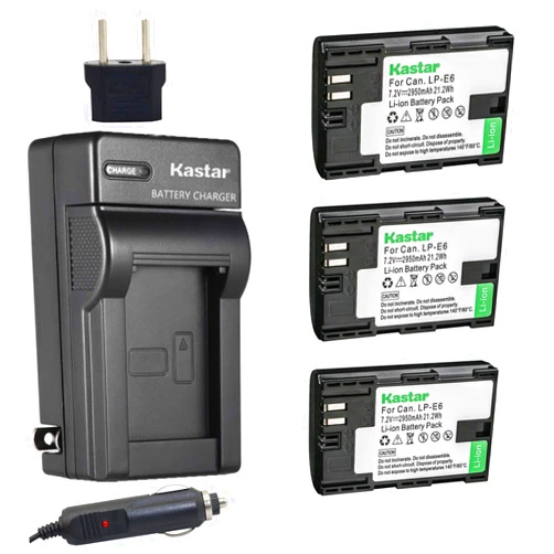 Kastar Charger and Battery 3-Pack for LP-E6 LP-E6N, EOS 60D 60Da EOS 70D XC10, EOS 5D Mark II 5D Mark III 5D Mark IV, EOS 5DS 5DS R, EOS 6D 7D Mark II, BG-E14 BG-E13 BG-E11 BG-E9 BG-E7 BG-E6