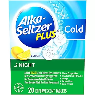 Alka-Seltzer Plus Night Cold Medicine, Lemon Effervescent Tablets with Pain Reliever/Fever Reducer, Lemon, 20 Count