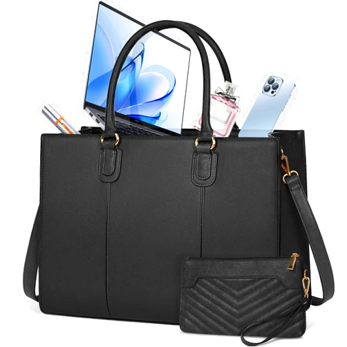 NEWHEY Laptop Bag for Women 15.6 Inch Work Tote Bags Leather Computer Bag with Clutch Purse Professional Office Briefcase Waterproof Handbag Shoulder Bag for Business Travel College, Black