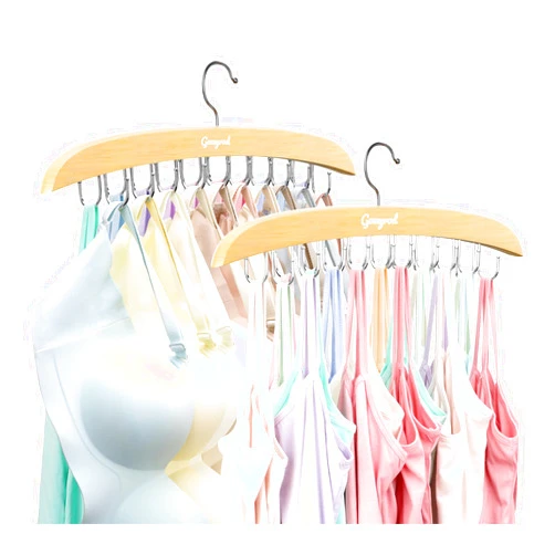 Gomyrod Bra Hanger for Closet, 2 Pack w/20 Hooks Tank Top Hanger Holds 40 Bras, Premium Wooden Closet Foldable Bra Organizer for Closet Space Saving Hangers, 360°Rotating Closet Organizers and Storage