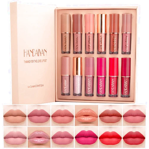 BAISEN DIARY 12 Colors Matte & Glossy Liquid Lipstick Set – Book Style Gift Kit for Women & Girls – Long Lasting Waterproof Lip Gloss with Nude, Pink, Red Shades, Non-Sticky, Transfer-Proof Lip Stain (Set A)