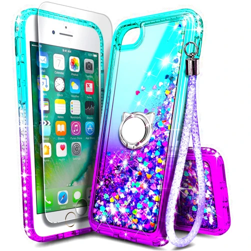 NGB Supremacy NGB Compatible for iPhone 6 6S 7 8 Case, iPhone SE 3 2022/iPhone SE 2 2020 Case with Tempered Glass Screen Protector, Ring Holder, Girls Women Kids Liquid Glitter TPU Cute Case (Aqua/Purple)