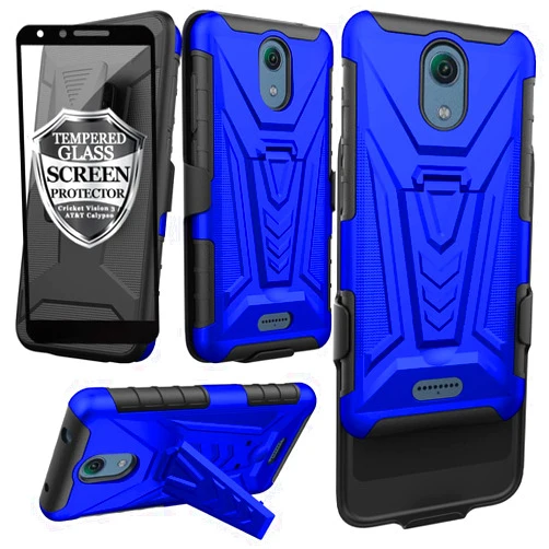 Ailiber Compatible with AT&T Calypso(U318AA)/Cricket Vision 3 Case Holster with Screen Protector, Swivel Belt Clip Case with Kickstand, Heavy Duty Full Body Shockproof Cover for Cricket Vision 3-Blue