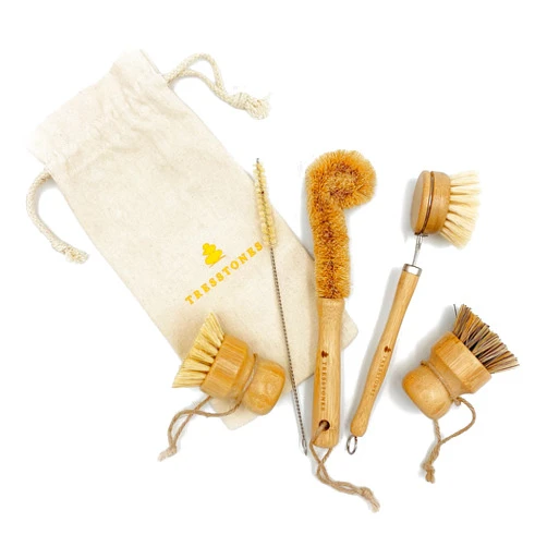 TRESSTONES Natural Bamboo Dish Brush Set - Kitchen Dish Brush Set - Wooden Dish Brush Set with Holder - Bamboo Dish Scrub Brush - Wood Dish Brush Set - Bamboo Dish Brush with Holder - Eco Friendly Dish Brush