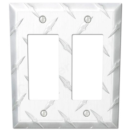 RO6G Diamond Plate Aluminum Wall Switch Plate Outlet Cover Toggle Rocker GFI Garage (Rocker-Double) (1-Pack)