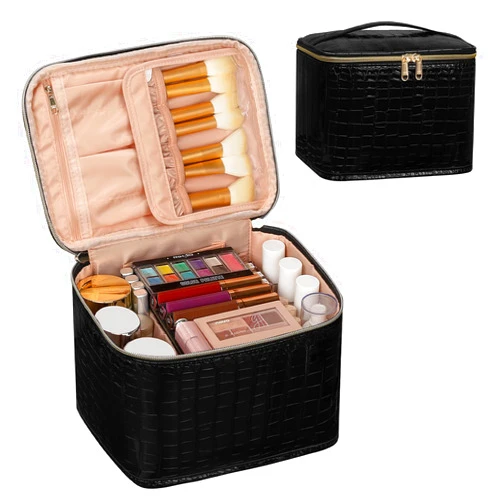 OCHEAL Travel Makeup Bag, Cosmetic Bags for Women Makeup Case Organizer Large Capacity Travel Toiletry Bag Storage Bags with Divider and Handle for Cosmetics Toiletries Brushes Tools-Black