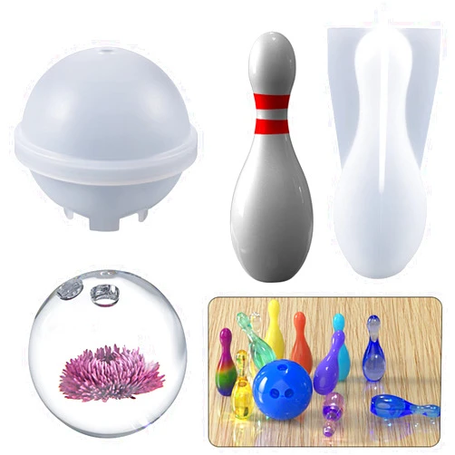 Joayuezo 3D Sport Ball Resin Molds Silicone Bowling Pin with Ball Mold Resin Kit Family Sport Tools, Candle Fondant Cake Decoration