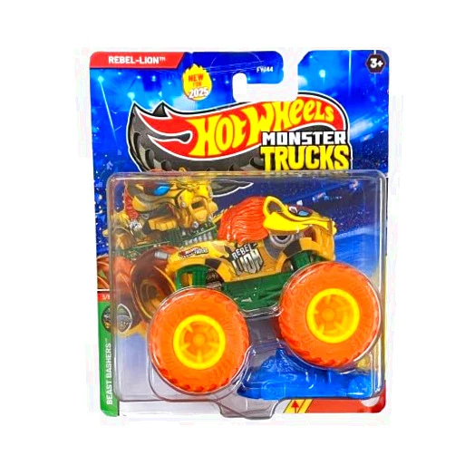 Hot Wheels Monster Trucks Beast Bashers Rebel Lion, 3/6 Series, with Crushed Car