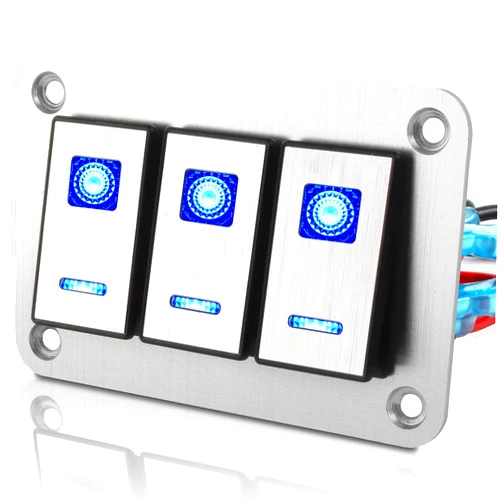 Xhtechnology Rocker Switch Panel – 3 Gang Aluminum Toggle Switch Panel, 12V/24V Switch Panel, 5 Pin On-Off Car Switches, Blue LED Switch Panel for Automotive Car Truck Motorcycle Jeeps RV UTV (Silver)