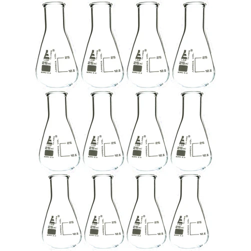 EISCO 12PK Erlenmeyer Flasks, 25mL - Borosilicate Glass - Narrow Neck Flasks, Conical Flasks, Glass Flasks