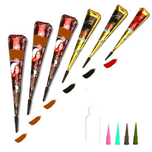Wumawu Temporary Tattoos Kit, 6Pcs Semi Permanent Tattoo Paste Cones, India Body DIY Art Painting for Women Men Kids, Summer Trend hand Plaste with 3 Colors(1Pc Bottle,4Pcs Nozzles)20Pcs Adhesive Stencil