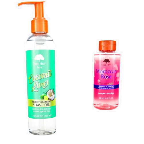 Tree Hut bare Moisturizing Shave Oil, Basic, Coconut-Lime, 7.7 Fl Oz & Moroccan Rose Nourishing & Moisturizing Foaming Gel Wash, 18 oz., Hydrating