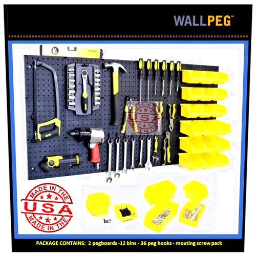 WallPeg Pegboard Kit Tool Organizer - Kit (PK-312-B) Peg Board Panels Locking Peg Hooks Set – Workbench Organizer Tool Storage Pegboard Hooks (‎24