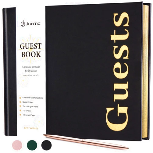 JUBTIC Guest Book: Premuim Keepsake for Life's Special Events - Sign in Book for Wedding Reception, Baby Shower, Funeral and Birthday Party - 100 Pages, Leather's Cover, Gold Foil (Black, 7