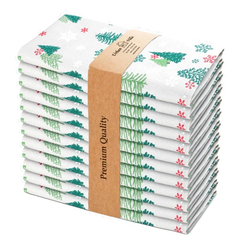 Urban Villa Christmas Green Trees Print Set of 12 Dinner Napkins (20X20 Inch) 100% Cotton Premium Over Sized Cloth Napkins with Mitered Corners Ultra Soft Durable Hotel QualityV