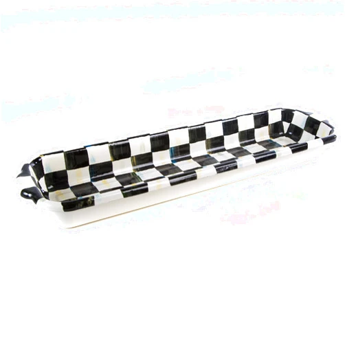 MACKENZIE-CHILDS Enamel Baguette Dish, Serving Dish for Sliced French Baguette Bread, Black-and-White Courtly Check