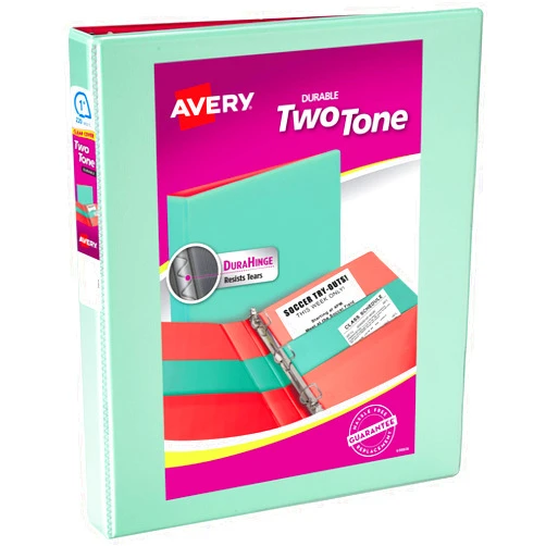 Avery Two-Tone Durable View 3 Ring Binder, 1 Inch Slant Rings, Mint/Coral Binder (17288)