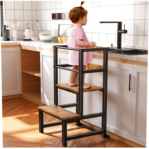 INNOD Kitchen Step Stool for Toddlers, Height Adjustable Toddler Tower with Safety Rail, Steel and Wood Toddler Kitchen Stool Helper Kids, Kitchen Stool for Kids, Learning Tower, Toddler Stool Brown