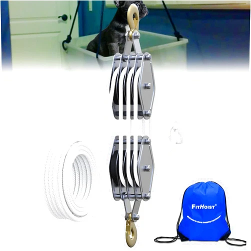 FITHOIST Block and Tackle 4400 LB Breaking Strength Heavy Duty Pulley, 65 Ft Rope Pulley, Upgraded Metal Bearing, 7:1 Lifting Power Pulley System, Pulley Hoist for Lifting Heavy Objects(White)