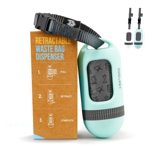 SVD.PET Dog Poop Bag Dispenser, Retractable Waste Bag Fits Any Dog Leash, Compostable Waste Bags, Poop Bag Holder, Dog Walking Accessory (Misty Jade)