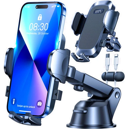 HTU [True Military-Grade] Car Phone Holder【2024 Stronger Suction & Clip】 Universal Cell Phone Holder for Car Mount for Dashboard Windshield Air Vent Long Arm Cell Phone Car Mount Thick Case,Black