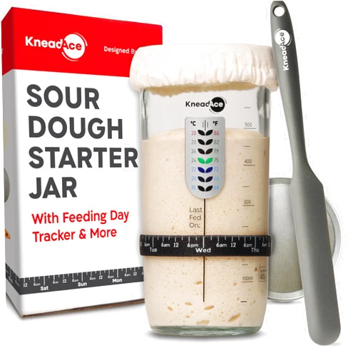 KNEADACE Sourdough Starter Jar With Date Marked Feeding Band, Thermometer, Sourdough Jar Scraper, Sourdough Container Sewn Cloth Cover & Metal Lid, Sourdough Starter Kit