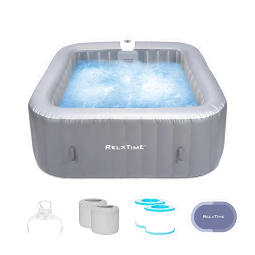 RELXTIME Inflatable Hot Tub 4 to 6 Person, Blow Up Spa Square Portable Outdoor Hottub, 130 Soothing Bubble Air Jets, Cover, 2 Filter Cartridges, Grey