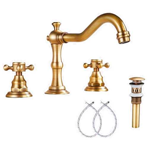 GGStudy 8 inch 2 Handles 3 Holes Widespread Bathroom Sink Faucet Antique Brass Bathroom Vanity Faucet Basin Mixer Tap Faucet Matching Metal Pop Up Drain with Overflow