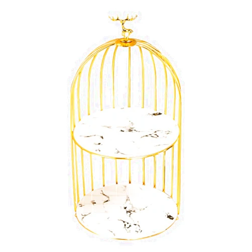 Lurrose Birdcage Shape Vanity Tray Bird Cage Cake Display Stand Multi- Function 2 Tier Storage Organizer Shelf for Dessert Food Cosmetics Golden Size 2 Marble Pattern