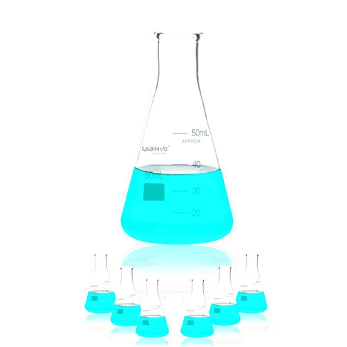 LABINVO 50ML Glass Erlenmeyer Flask, Narrow Mouth Graduated Conical Flask with Marking Spot, 6pcs of 3.3 Borosilicate Glass Flask Set, IN-EFN50