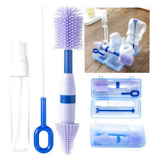 Anivona Travel Bottle Cleaner Kit, Anivona 5 in 1 Baby Bottle Cleaner Kit with Extendable Silicone Brush, Nipple Brush, Straw Brush, Soap Dispenser, Drying Rack, Ideal Gifts for Baby Travel Essential (Purple)