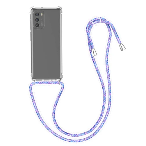 kwmobile Crossbody Case Compatible with Motorola Moto G51 5G Case - Clear TPU Phone Cover w/Lanyard Cord Strap - Lavender/Transparent/Violet/White