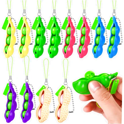 ZHWKMYP 12PCS Squeeze Bean Keychain Fidget Toys for Skin Picking, Peapod Fidget Toy, for Party Favor Toys