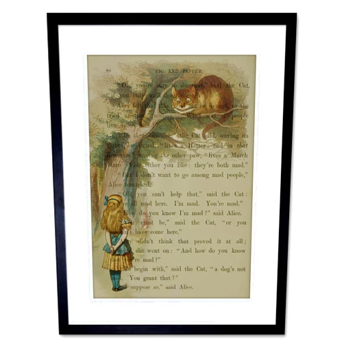 Wee Blue Coo UPCYCLE MAD HERE QUOTE ALICE WONDERLAND CHESHIRE FRAMED ART PRINT F97X12431