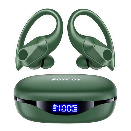 FOYCOY Bluetooth Headphones Wireless Earbuds 90Hrs Playtime Ear Buds IPX7 Waterproof Sports Earphones with Wireless Charging Case & Over-Ear Earhooks LED Power Display Stereo Headset Bass Olive Green
