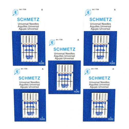 SCHMETZ Universal Sewing Machine Needles - Size 80/12, 5-Needle Cards, Pack of 5