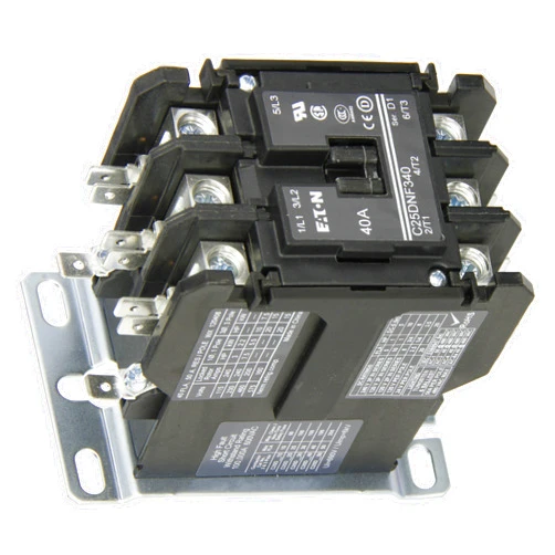 Eaton C25DNF340T Definite Purpose Contactor, 50mm, 3 Poles, Box Lugs, Quick Connect Side By Side Terminals, 40A Current Rating, 3 Max HP Single Phase at 115V, 10 Max HP Three Phase at 230V, 20 Max HP Three Phase at 480V, 24VAC Coil Voltage