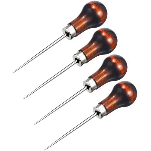 TecUnite 4 Pack Awl Tool Gourd Shape Wooden Handle Scratch Awl Tool Pin Punching for Leather Craft Cloth Pouch Hole DIY Handmade Maker Tool