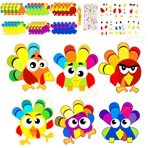 chiazllta 30Pcs Thanksgiving Craft Kits DIY Turkey Craft for Kindergarten Kids, Fall Art Craft Make Your Own Turkey Card Sticker Set for Home Class Game Activities Preschoolers