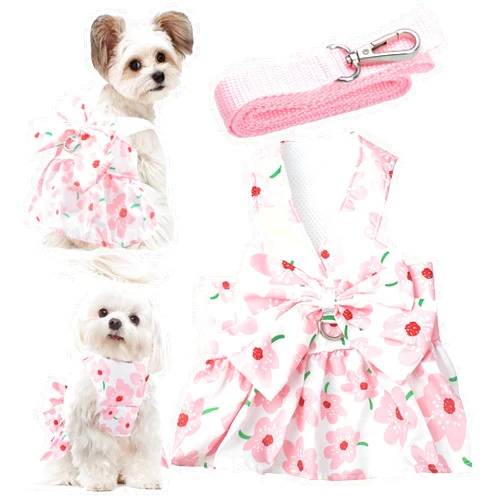 LAPOHI Dog Dress Bowknot Harness Leash Set for Small Girl Dogs Pink Floral Dog Cat Clothes Cute Puppy Outfits Pet Clothes Spring Summer Breathable Dresses(Large)