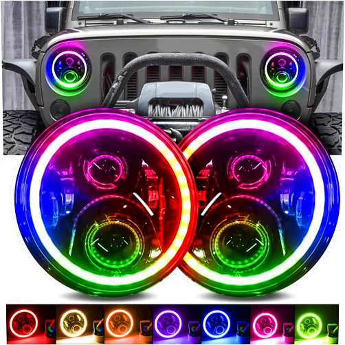 UTVJATV 7 inch LED Headlights RGB Halo Angel Eyes with Amber Turn Signal Light Multicolor Bluetooth Control for 2007-2018 Jeep Wrangler JK LJ Sahara Rubicon,DOT Approved, Music Mode