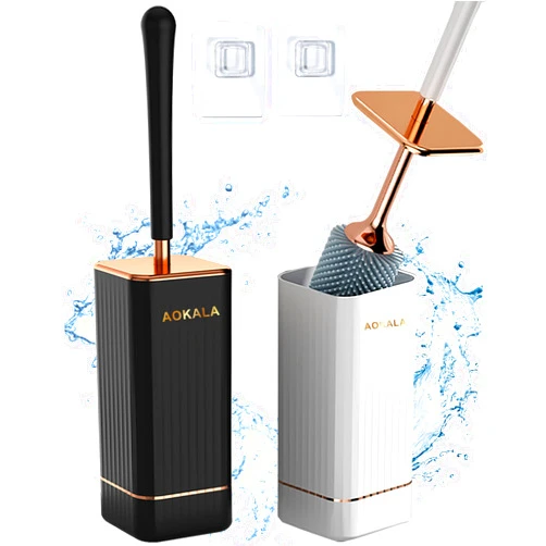 Aokala Toilet Brush and Holder, Elegant 2 Pack Silicone Toilet Bowl Brush Set with Ergonomic Long Handle, Modern Bathroom Decor Cleaning Accessories, Durable, Deep Cleaning - Black & White