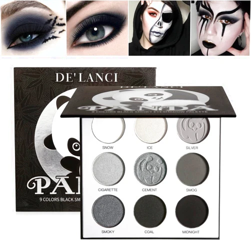 ecofavor Black Smoky Eye shadow Palette, DE’LANCI PANDA 9 Colors True Black Dark Grey Smokey Goth Makeup Pallet, 9 Soft Matte Shimmer High Pigmented Basic Black White Gray Shade for Halloween