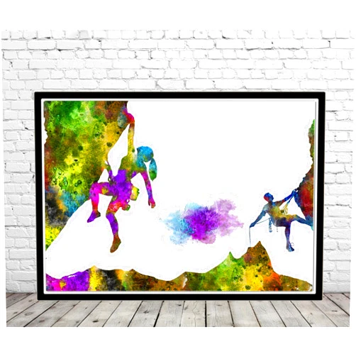 Custom Rock climbing couple wall art watercolor print extreme sport man climbing male woman and man climbing climbing girl mountain climbers couple, Rock climbing couple Photo,71