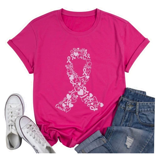 MOUSYA Cancer Shirts Women Pink Ribbon Graphic Tee Cure Breast Cancer Awareness Tshirt Inspirational Short Sleeve Tops