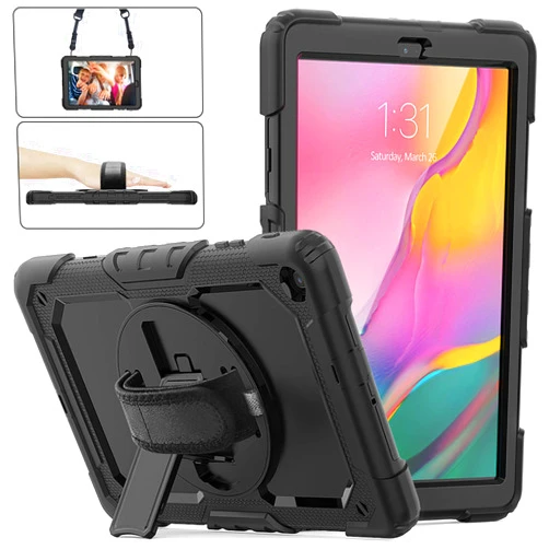 Herize Samsung Galaxy Tab A 10.1 Case 2019 | Herize SM-T510/T515 Shockproof Rugged Protective Case Cover with Built-in Screen Protector, 360 Stand,Hand Strap& Shoulder Strap for Galaxy Tab A 10.1 Inch-Black