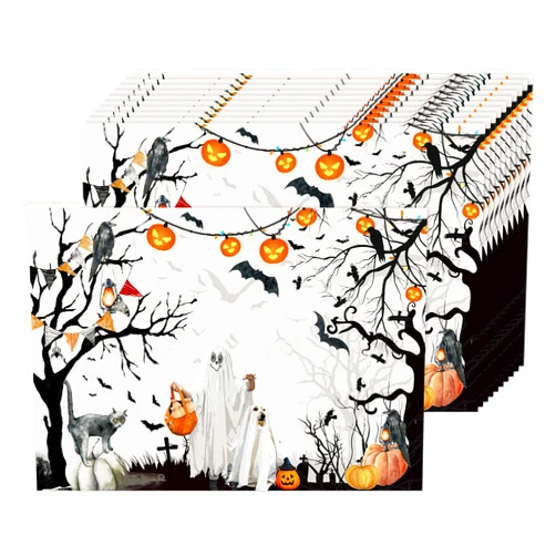 CHAROUP 50PCS Disposable Paper Placemats Halloween Spooky Tree Dog Bat Place Mats 16x11 Inch Pumpkin Crow Black Cat Pattern Table Mats for Fall Party Holiday Kitchen Dining Halloween Decoration