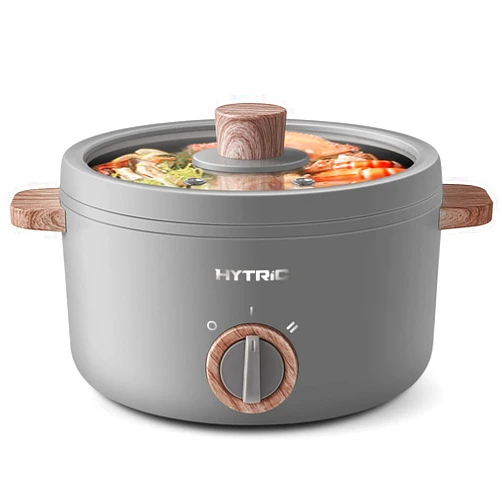 Hytric Electric Cooker with Handle, 1.5L Mini Multifunction Electric Cooker for Shabu-Shabu, Noodles, Pasta, Nonstick Frying Pan for Sauté, Dual Power Control Ramen Cooker for Dorm and Office, Grey