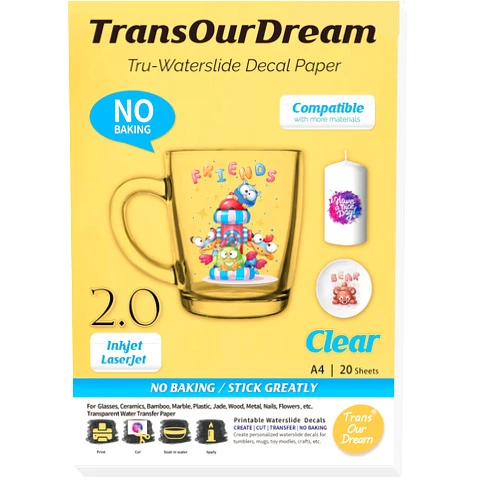 TransOurDream WaterSlide Decal Paper for Inkjet & LaserJet Printer (20 Sheets, A4 Size) Upgraded Water Slide Transfer Paper Clear Transparent Printable Waterslide Paper for Tumblers, Mugs, Glasses