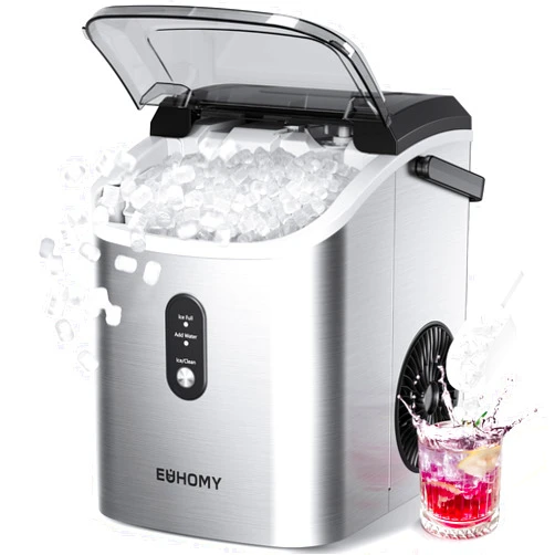 EUHOMY Nugget Ice Maker Countertop with Handle, Ready in 6 Mins, 34lbs/24H, Removable Top Cover, Auto-Cleaning, Portable Sonic Ice Maker with Basket and Scoop, for Home/Party/RV/Camping. (Silver)